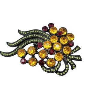 Thousand Eyes Brooch Art Nouveau Style Yellow Red Green Rhinestone Black Setting